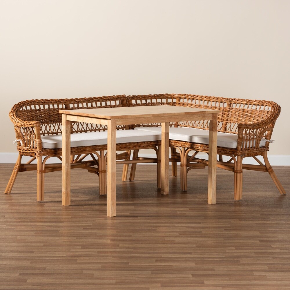 Nella Bohemian Natural Brown Finished Wood and Rattan 3 Piece Dining Nook Set