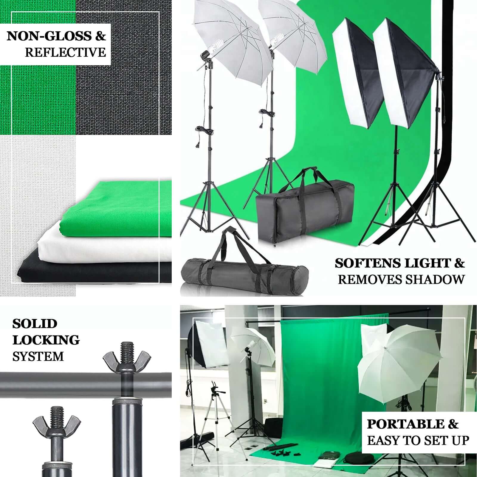 White Umbrella Continuous Lighting Photo Video Studio Kit With Soft Box Reflectors and Muslin Chromakey Backgrounds 1200W