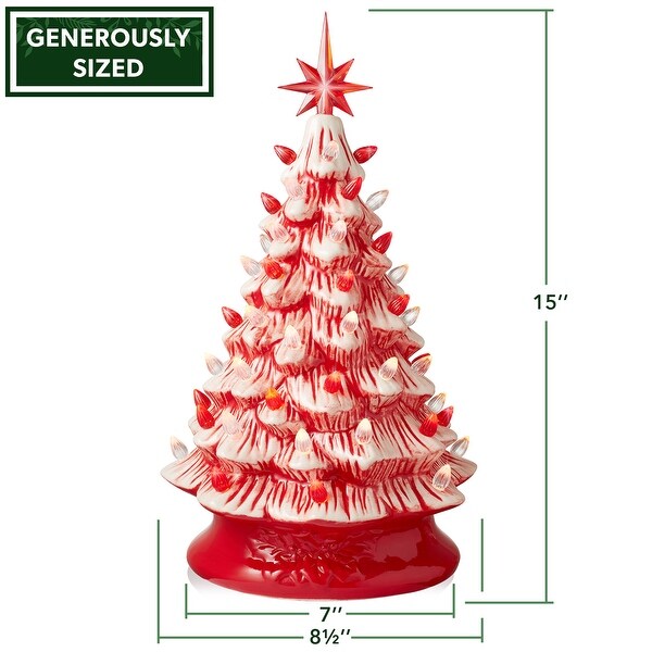 15Inch Red and White Ceramic Christmas Tree，Hand Painted PreLit