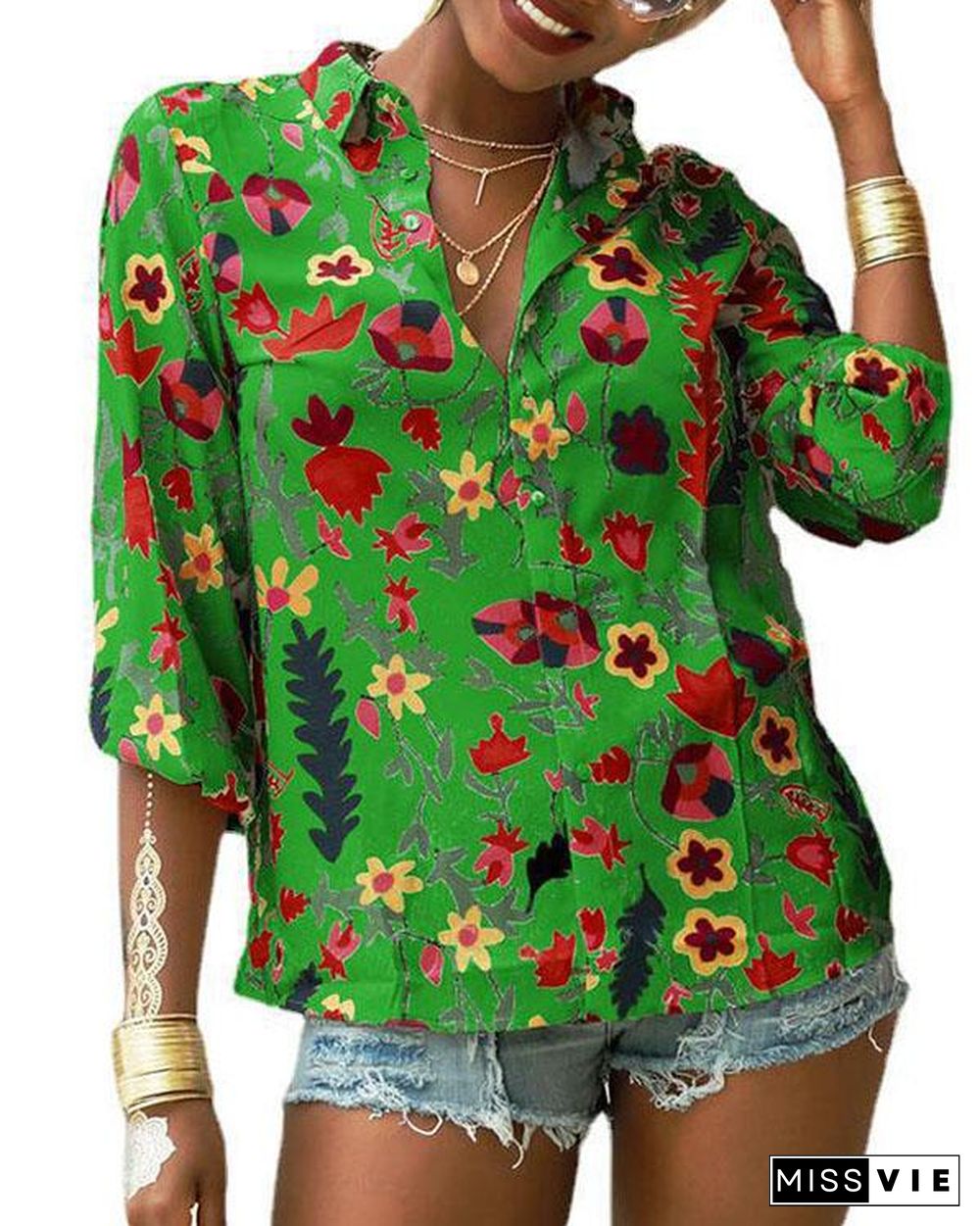 Sweet Holiday Floral Casual Button up Blouses