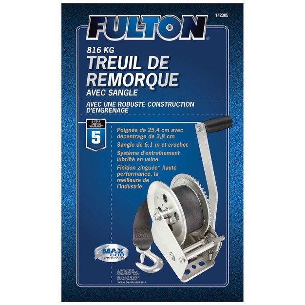 Fulton 142305 Universal Single Speed Towing Winch With 20 Feet Strap And Hook Comfortable Grip Handle 1800 Pound Capacity