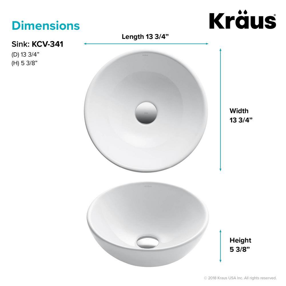 KRAUS Elavo Small Round Ceramic Vessel Bathroom Sink in White KCV-341