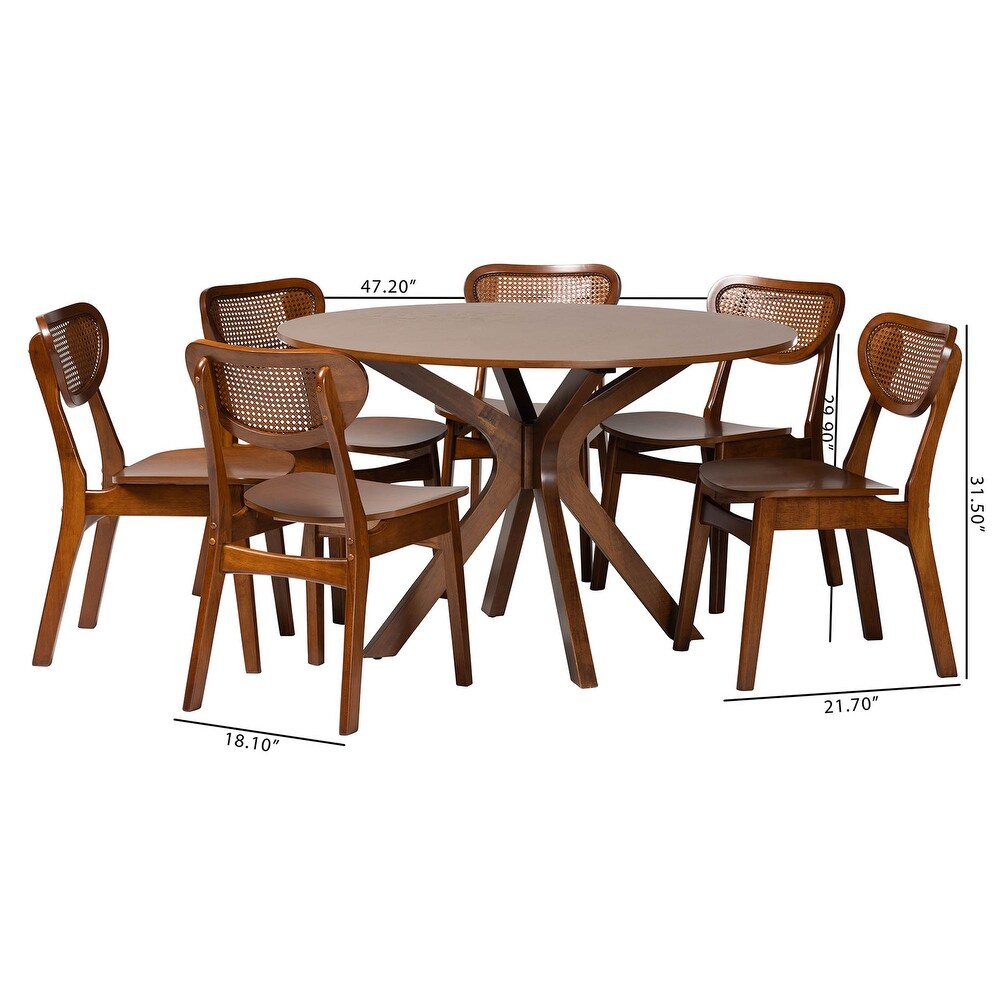 Giuliana Mid Century Modern Wood and Woven Rattan 7 Piece Dining Set