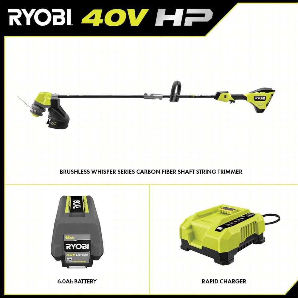 RYOBI 40V HP Brushless Whisper Series 17 in. Cordless Battery Carbon Fiber Shaft String Trimmer w 6.0 Ah Battery  Charger RY402110