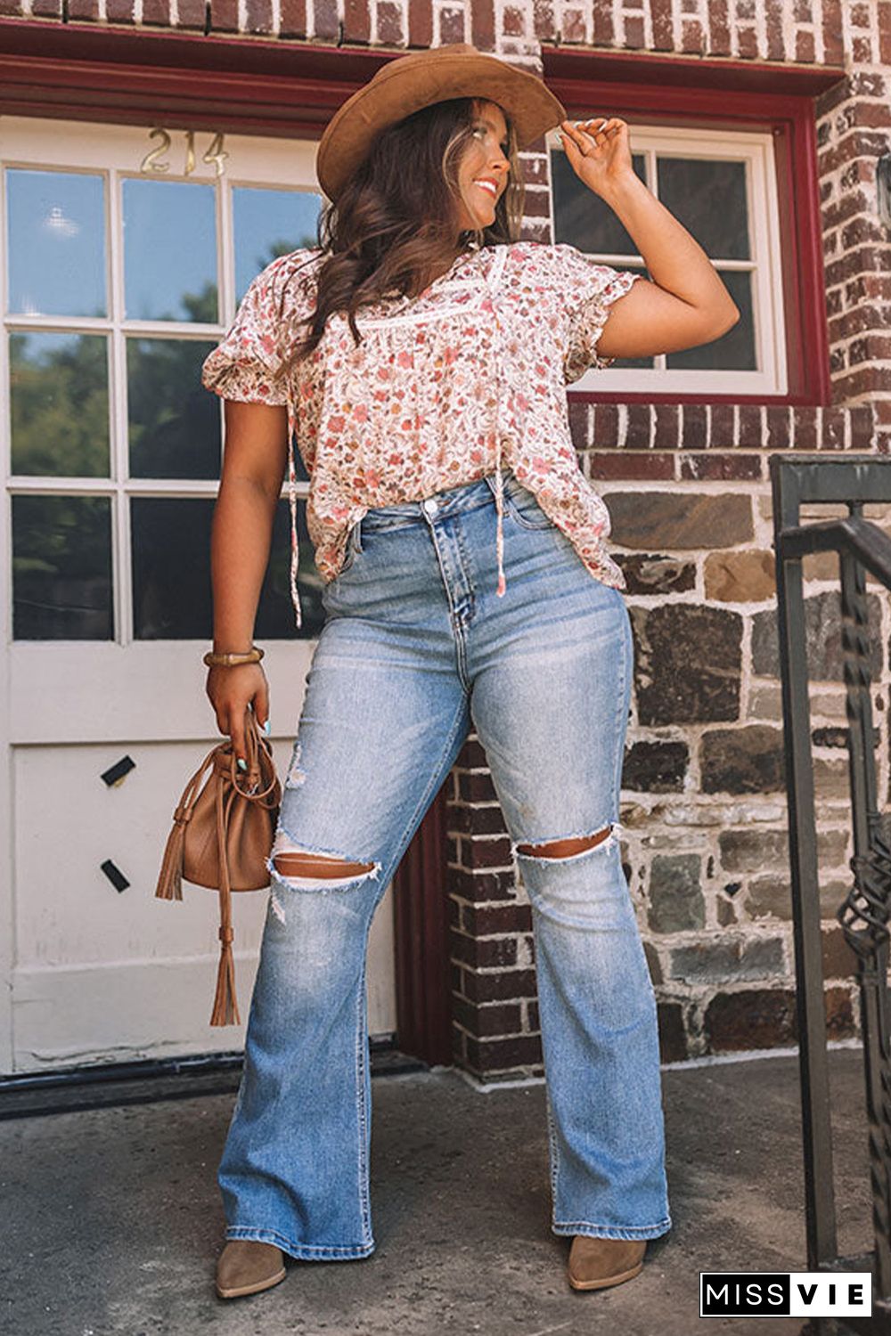 Pink Split Neck Floral Print Plus Size Top