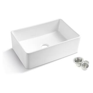 Kingsman Hardware Kingsman White Fireclay 30 in. Single Bowl Farmhouse Apron Reversible Kitchen Sink with Strainer CFS3020FB