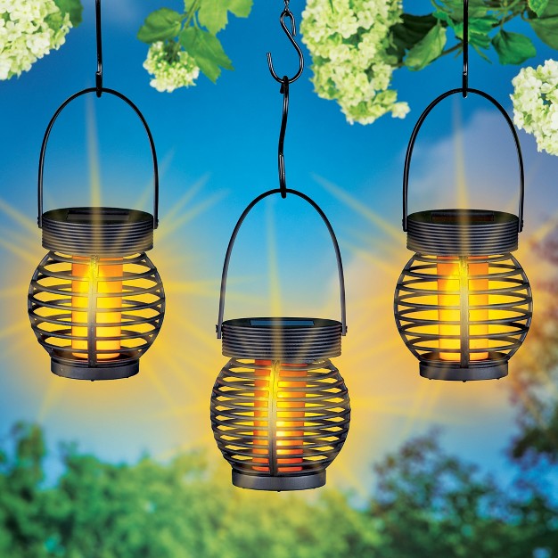 Collections Etc Solar Powered Hanging Faux Flame Lanterns Set Of 3