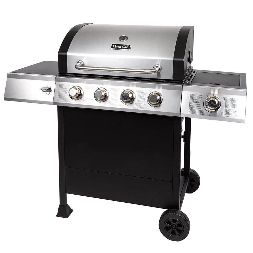 DynaGlo 4Burner Open Cart Propane Gas Grill in Stainless Steel with Side Burner