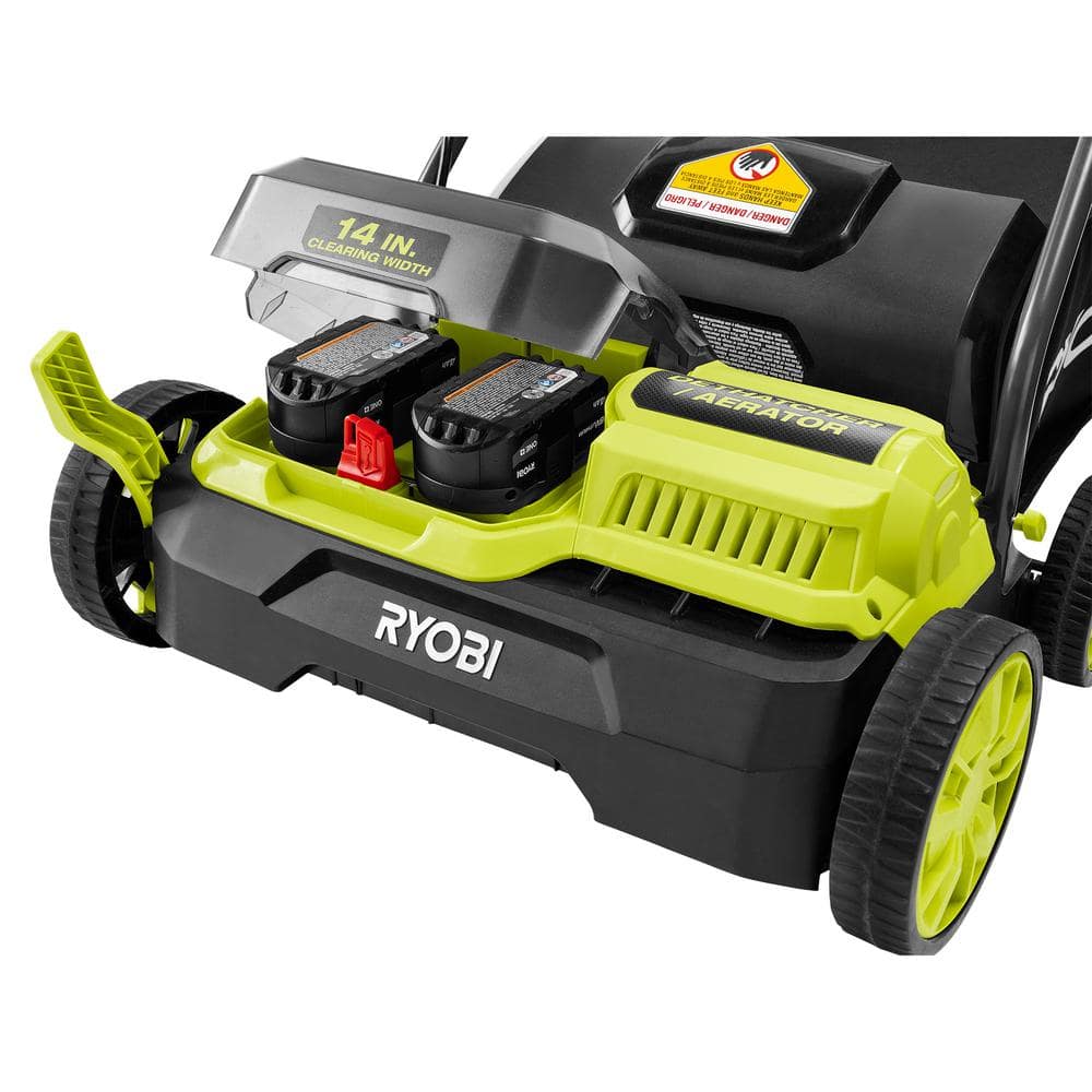 RYOBI ONE+ HP 18V Brushless 14 in. Cordless Battery Dethatcher/Aerator with (2) 4.0 Ah Batteries and Charger P2740