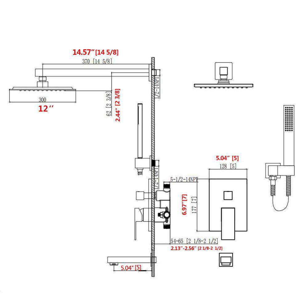 Flynama 1-Spray 12 in. Square Rain Wall Bar Shower Kit with Hand Shower and Tub Faucet in Brushed Gold(Valve Included) MS-A3801-12BG