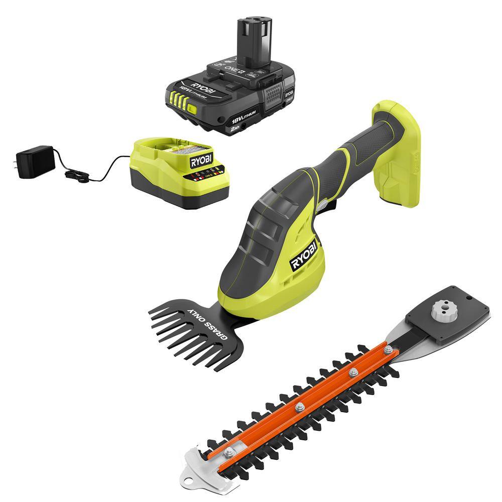 RYOBI ONE+ 18V Cordless Grass Shear and Shrubber Trimmer with 2.0 Ah Battery and Charger P2980