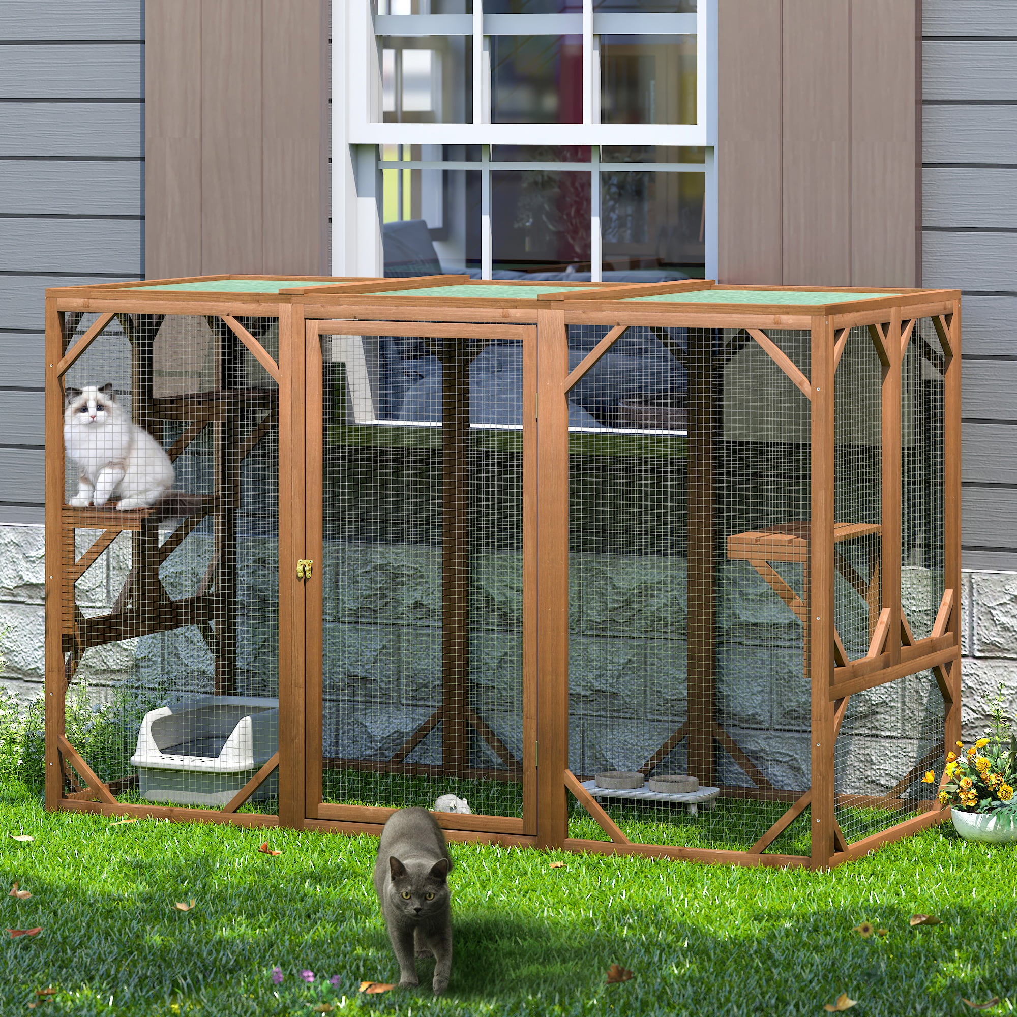 Coziwow Outdoor Cat House Enclosure Pet Cage Catio W/ Asphalt Roof， 3 Platforms， Gray