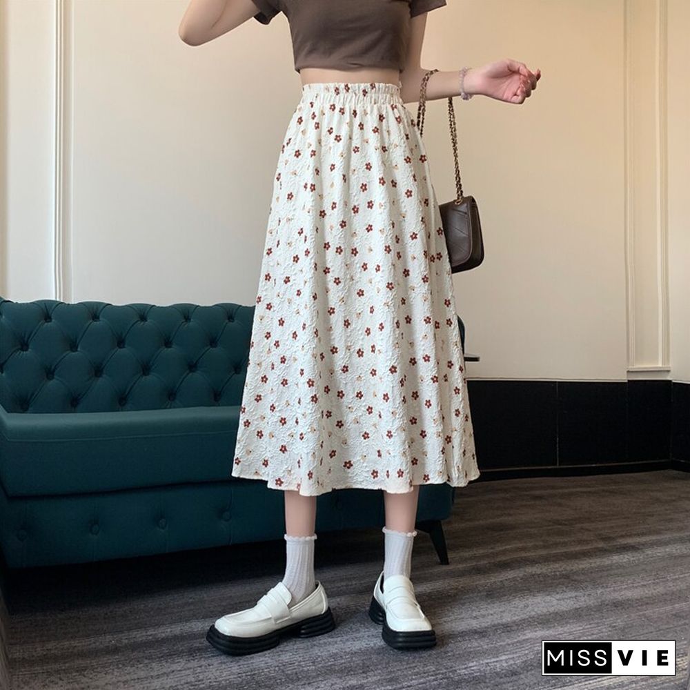 Chic Slim Women Floral Skirts Summer Vintage High Waist Elastic A-line Midi Skirts Female Casual Korean Elegant Sweet Clothing