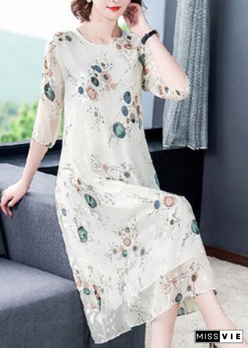 Loose White O-Neck Print Silk Holiday Dress Half Sleeve