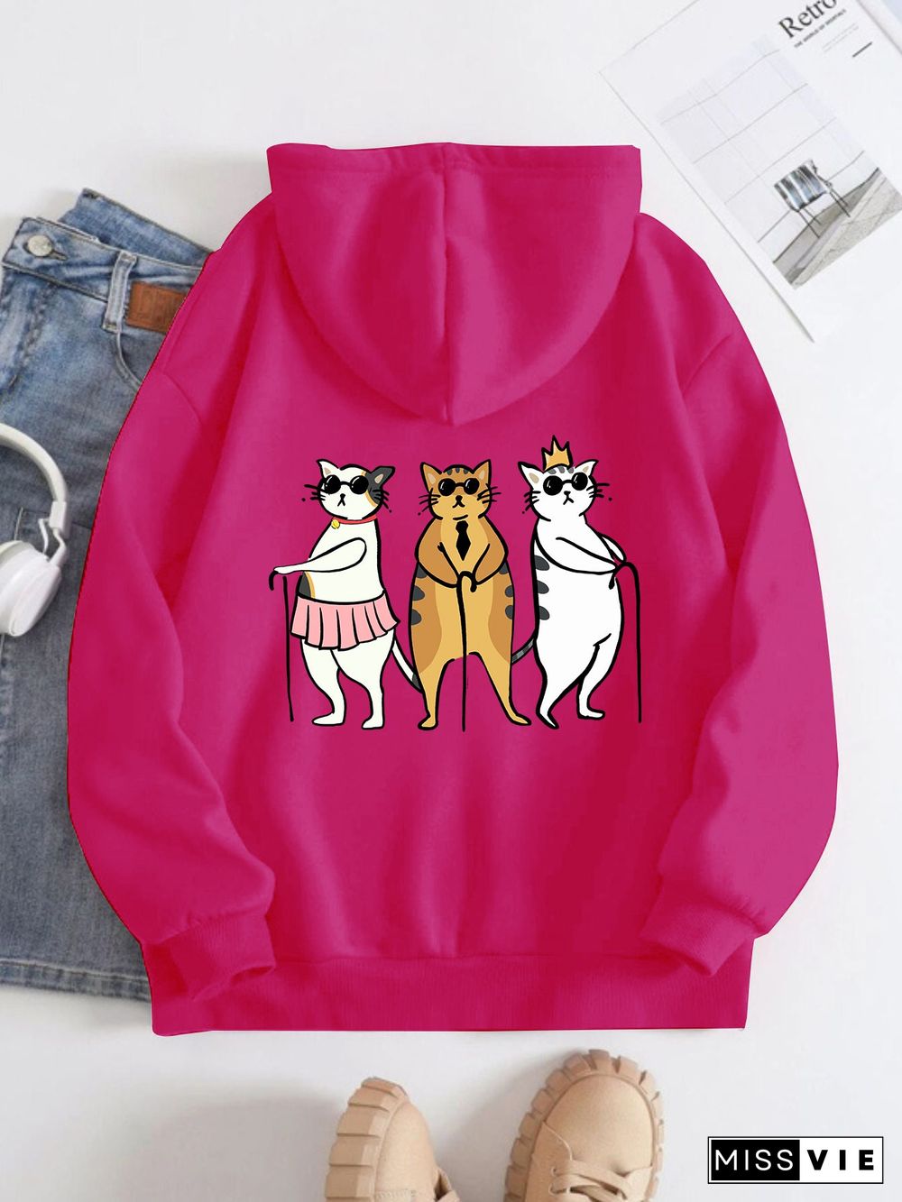 Printed on the Back Kangaroo Pocket Hoodie Long Sleeve for Women Pattern  Three Best Friend Cats