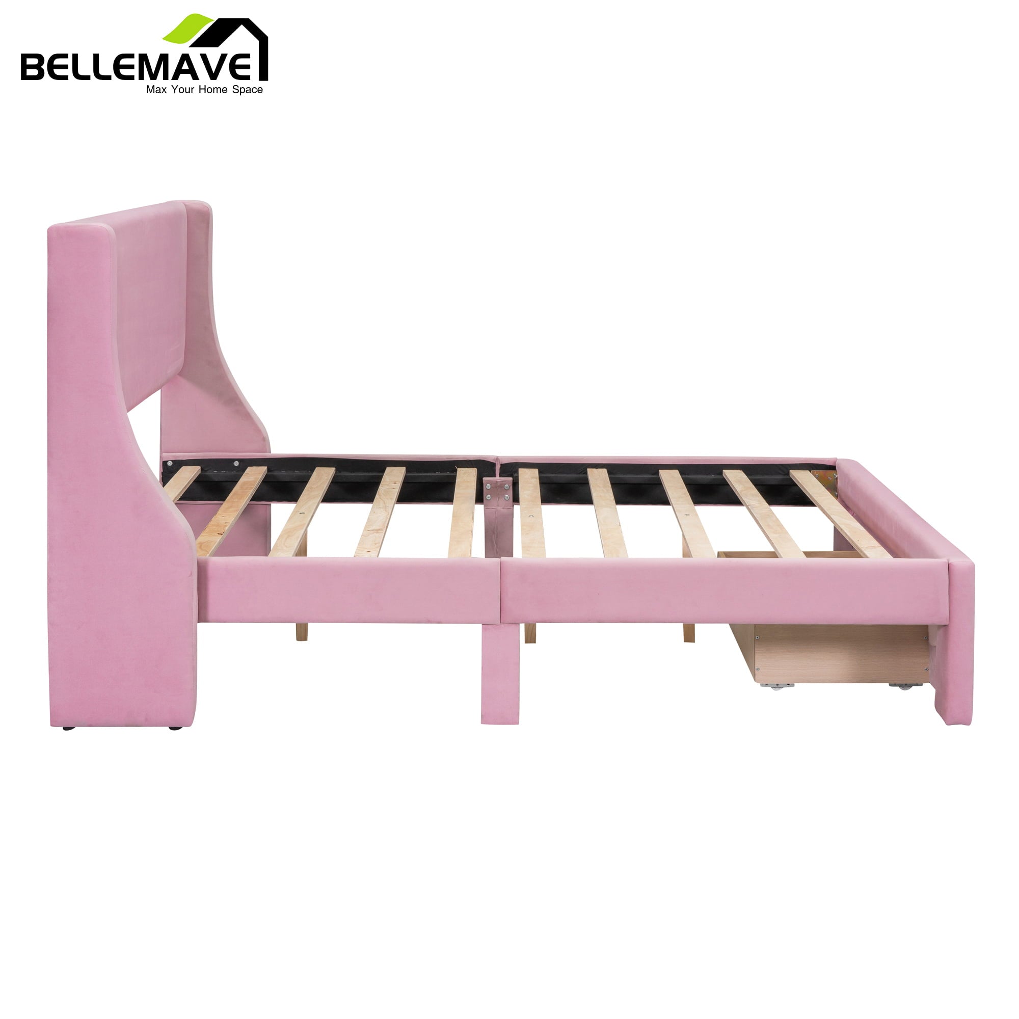 Bellemave Full Size Pink Velvet Upholstered Platform Bed with One Spacious Drawer and Wood Slats, Wood Frame Full Size Paltform Bed for Kids Teen Adults