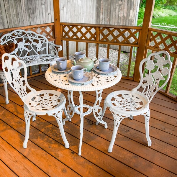 Sunnydaze 3Piece White Flower Designed Cast Aluminum Patio Furniture Bistro Set