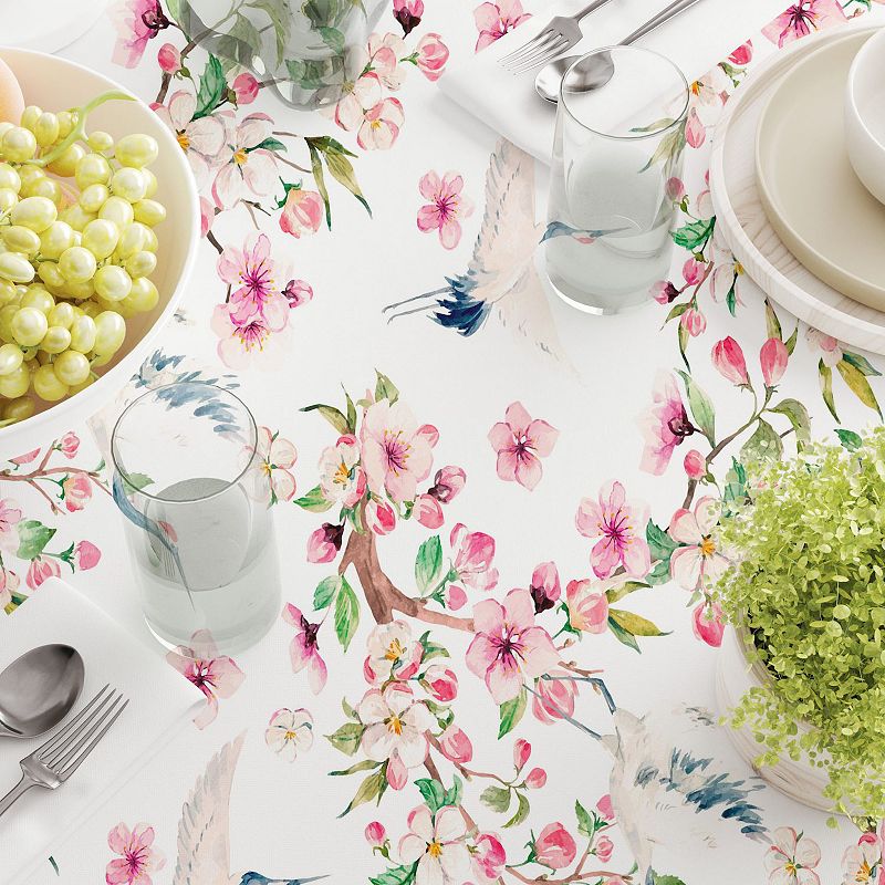 Rectangular Tablecloth， 100% Cotton， 52x104， Cranes and Pink Flowers