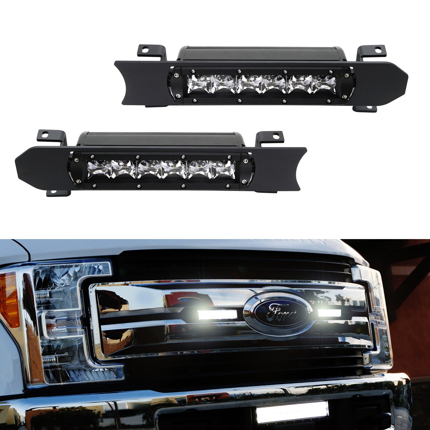 iJDMTOY Front Grille LED Light Bar Kit Compatible With 2017-2019 Ford Pre-LCI F250 F350 Lariat King Ranch， Includes (2) 30W CREE LED Lightbars， Mounting Bezels/Brackets， On/Off Switch Relay Wirings