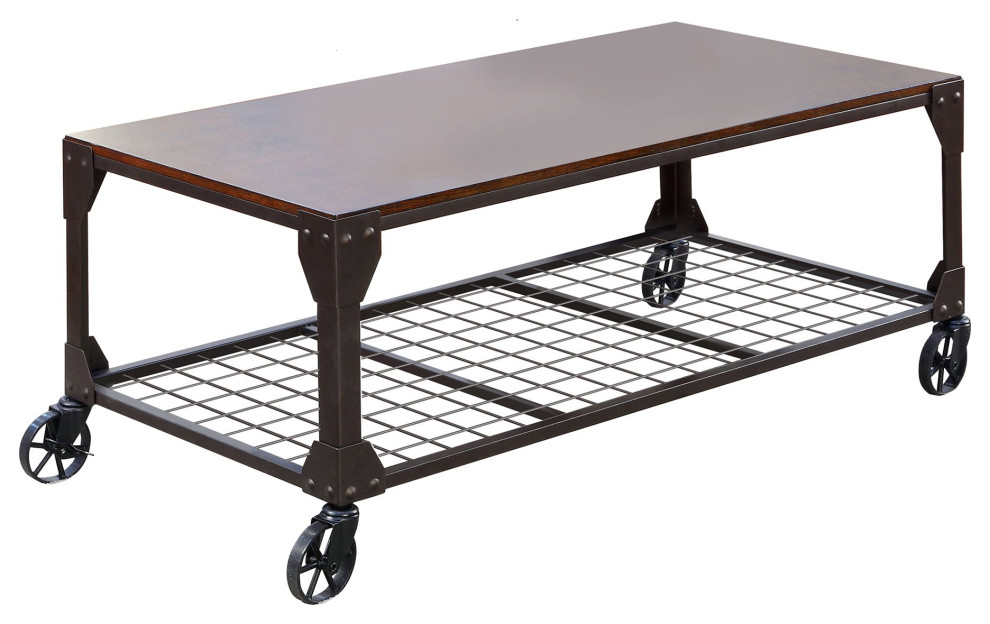 Industrial Coffee Table  Open Grid Metal Shelf With Casters  ampSturdy Wooden Top   Industrial   Coffee Tables   by Declusia  Houzz