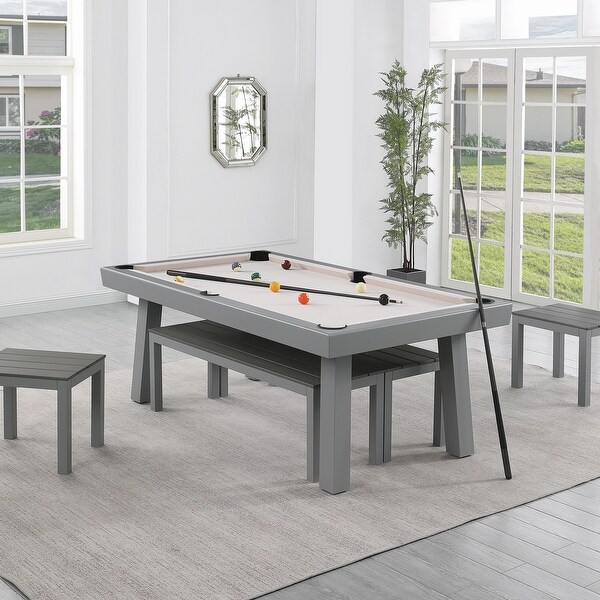 Newport Outdoor Patio 7ft Slate Pool Table 6Seater Dining Set with 4 Benches and Accessories，Cement Finish