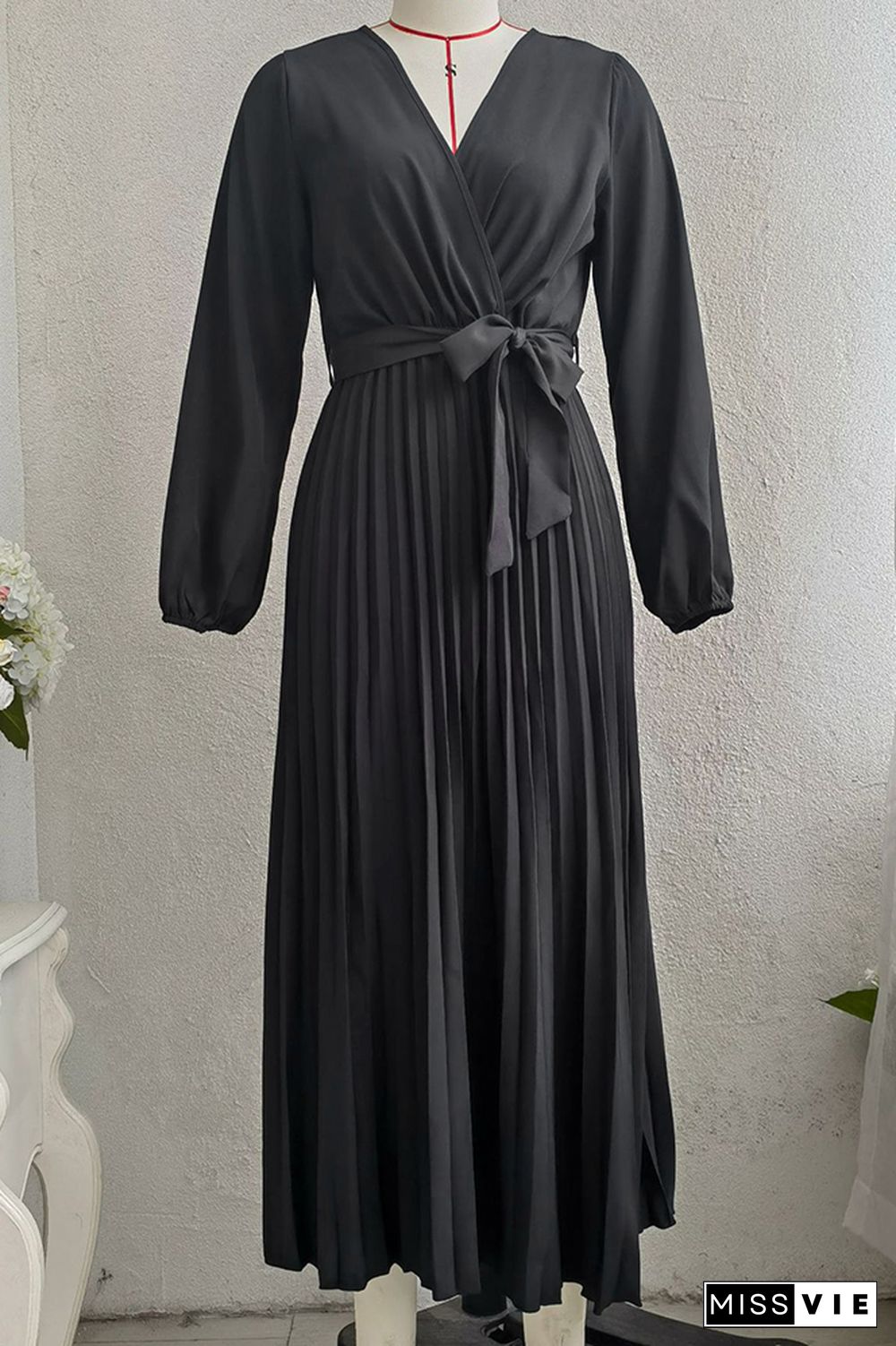 Plain Wrap V Neck Pleated Maxi Dress