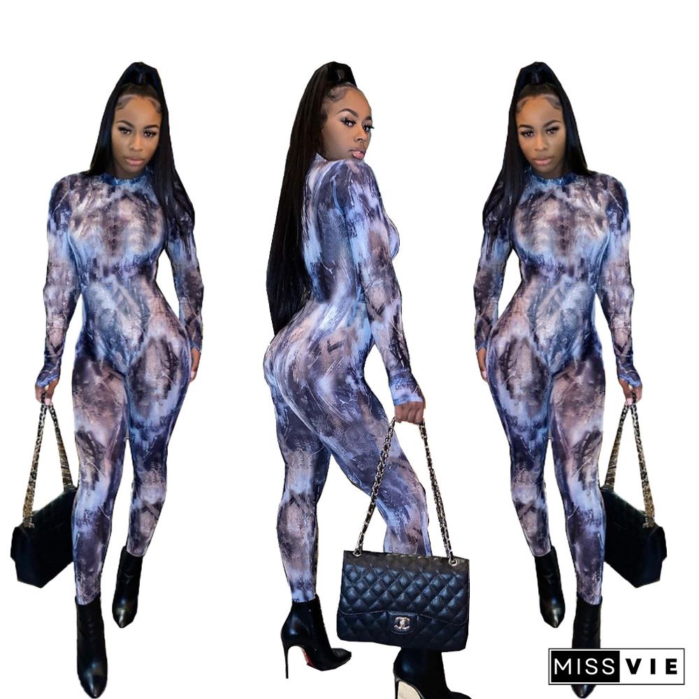 Tie Dye Long Sleeve O Neck Bodycon Jumpsuit