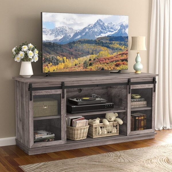 Farmhouse TV Stand up to 65 Inches， Mid Century Modern Entertainment Center with Sliding Barn Doors and Storage Cabinets