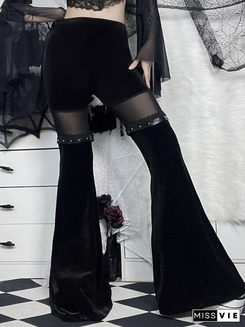 Mesh Paneled Velvet Flare Leg Pants