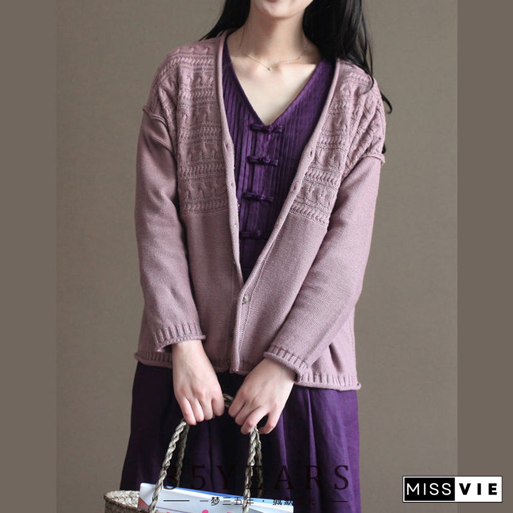 pink vintage cotton sweater cardigans long sleeve baggy v neck knit short cardigan outwear