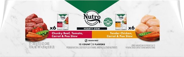 Nutro Hearty Stew Variety Pack Chunky Beef， Tomato， Carrot and Pea Stew and Tender Chicken， Carrot and Pea Stew Wet Dog Food， 12.5-oz can， case of 12