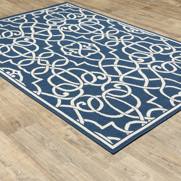 Marco Scroll Lattice Patio Rug Navy ivory Captiv8e Designs