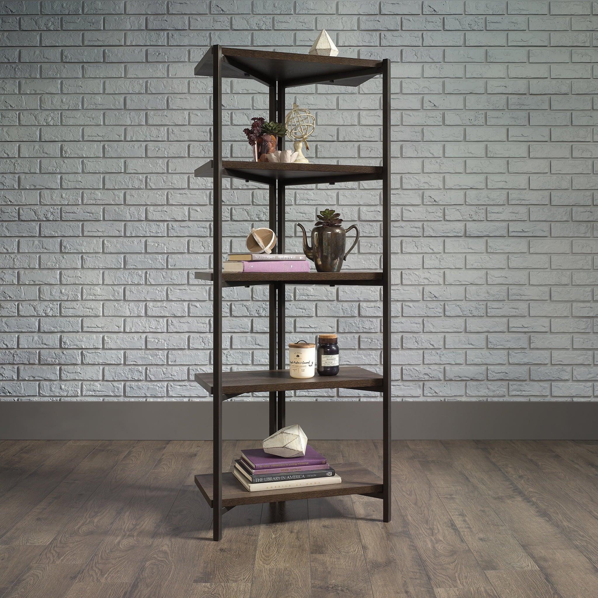 Sauder Curiod 5 Shelf Bookcase, Smoked Oak Finish