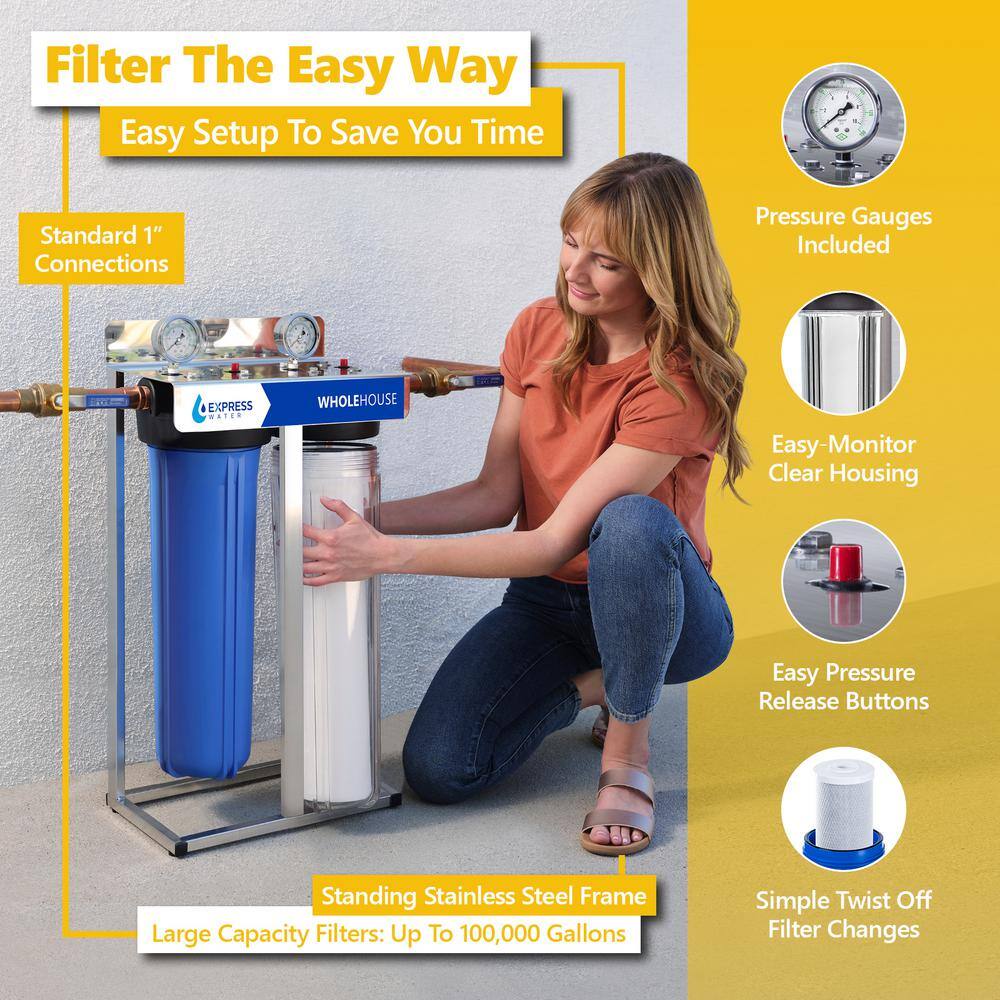Express Water 2-Stage Whole House Water Filtration System - Sediment and Carbon Filter Pressure Gauge Easy Release 1 in. Connection WH200SCS