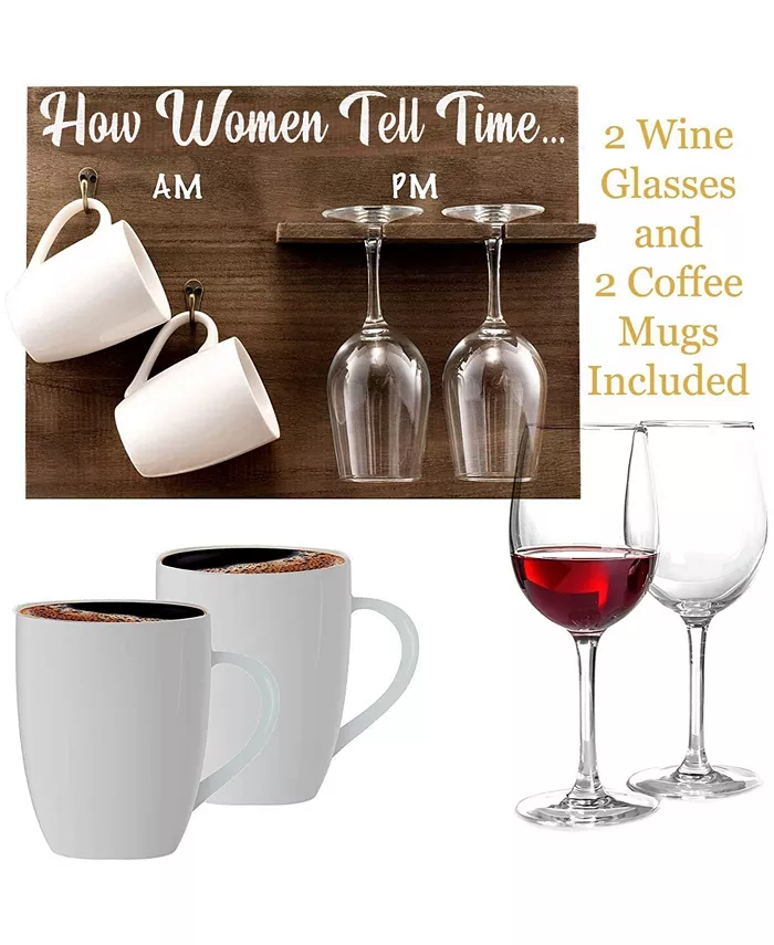 Bezrat How Woman Tell Time Wall Mounted Wine Rack with Wine Glasses and Coffee Mugs Set of 5