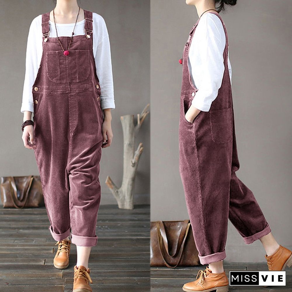 Corduroy Jumpsuits Women Strappy Casual Loose Dungaree Bib Cargo Pants Overalls