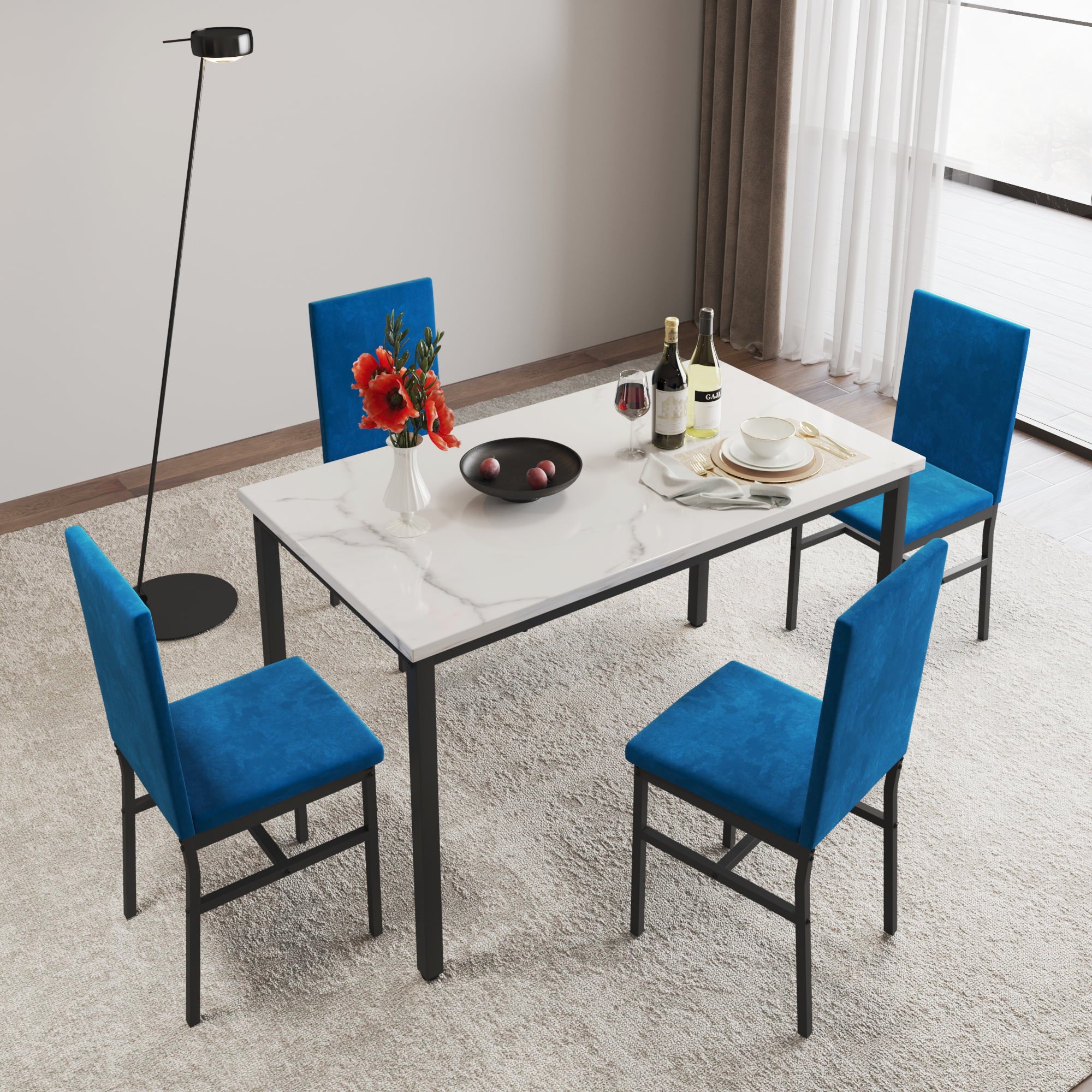 Kitchen Dining Table Set, 5-Piece Dining Table and Chairs, Metal Frame Dining Room Set with White Marble Table and Blue Velvet Chairs for 4