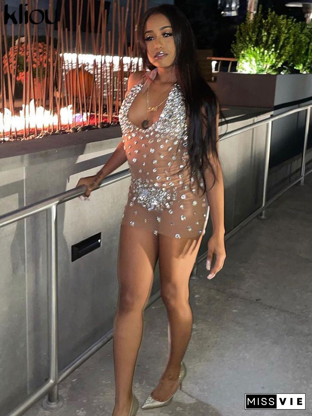 Kliou Shiny Rhinestones Mesh Patchwork Mini Dress Sexy Halter Deep V-Neck Cleavage Lace Up Backless Slim Skirt Party Clubwear