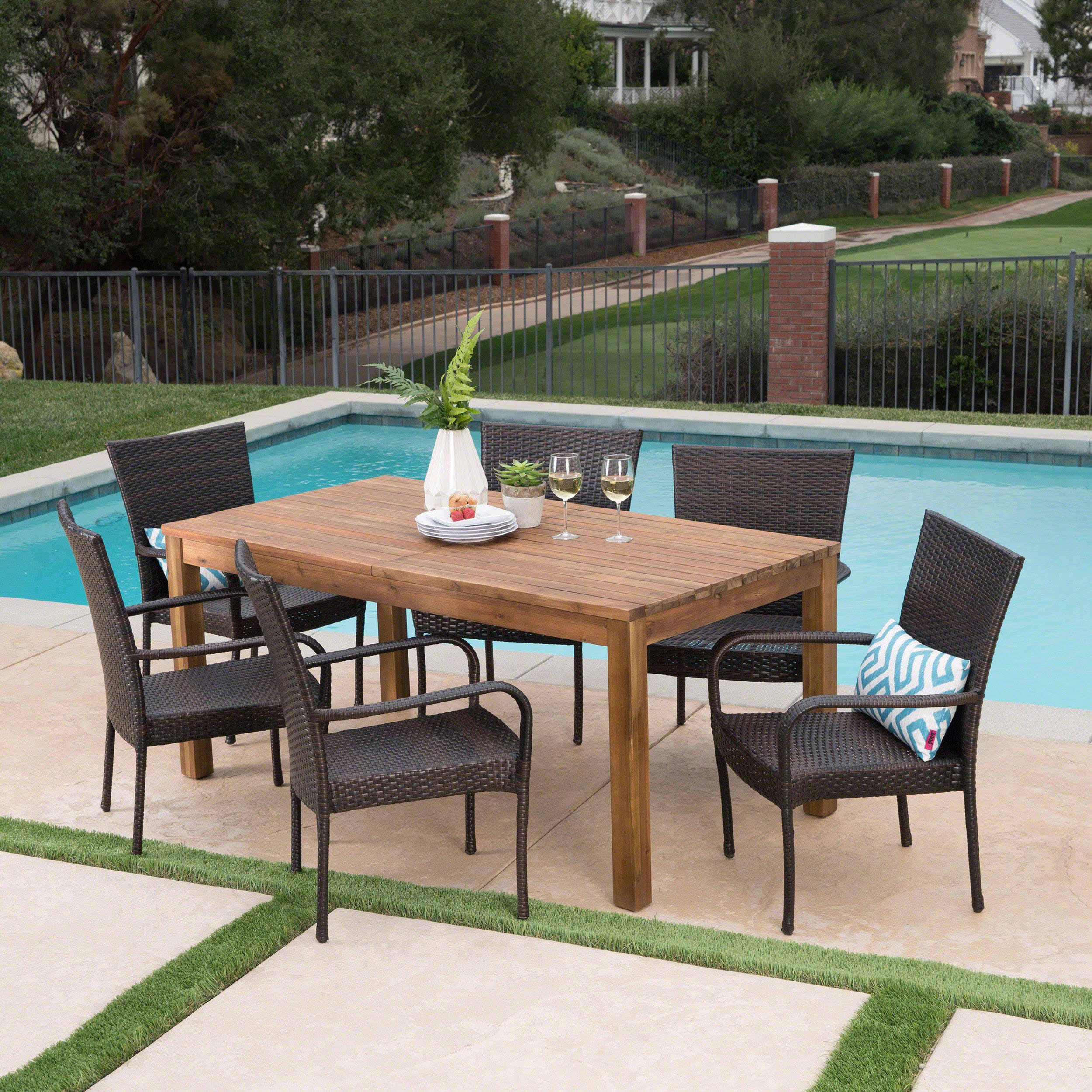 Delilah Outdoor 7 Piece Wicker Dining Set with Wood Expandable Dining Table