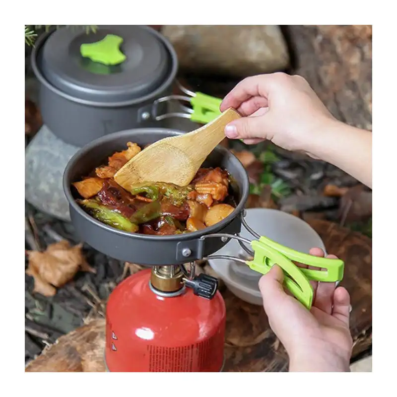 Camping Cookware Mess Kit Lightweight Pot Pan Kettle Set with Carabiner Fork Spoon Kit for Backpacking