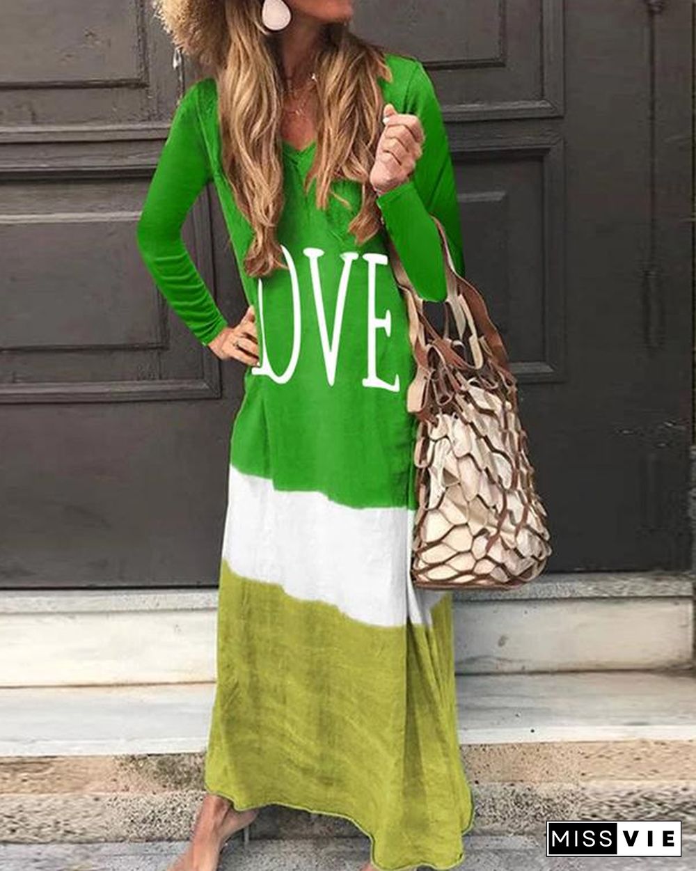 Color Block Contrast Letter Print Long Sleeve Maxi Shift Dress