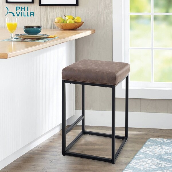 PHI VILLA 24'' Square PU Leather Bar Stool with Sturdy Metal Frame， Set of 2