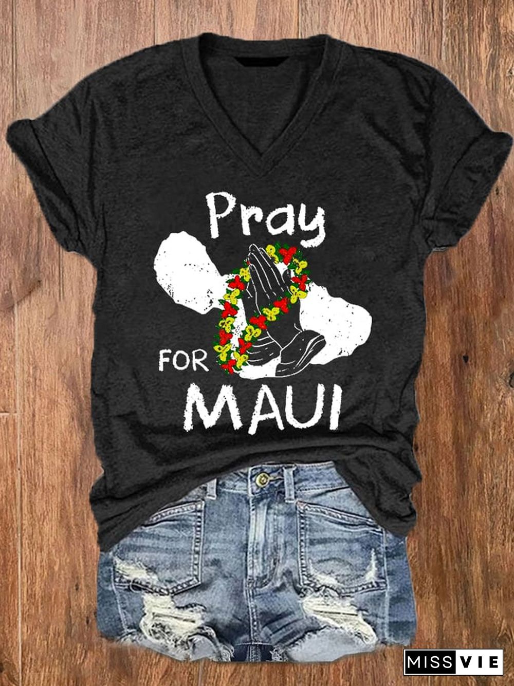 Women's Pray For Hawaii MAUI Wildfire V-Neck Tee