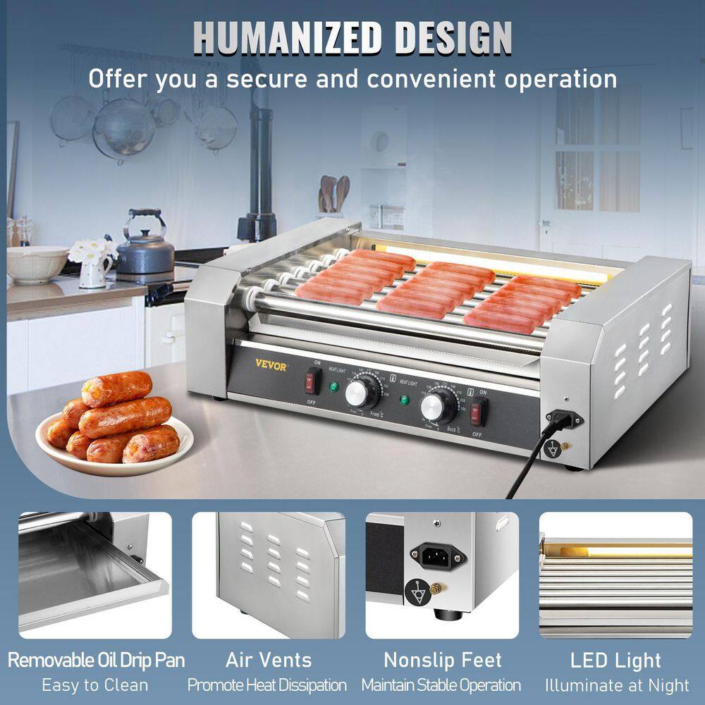 VEVOR 1050-Watt Stainless Steel Cook Warmer Hot Dog Roller 18 Hot Dog 7-Rollers with Dual Temp Control Indoor GrillsSilver GWGRGJBX7110VO39AV1