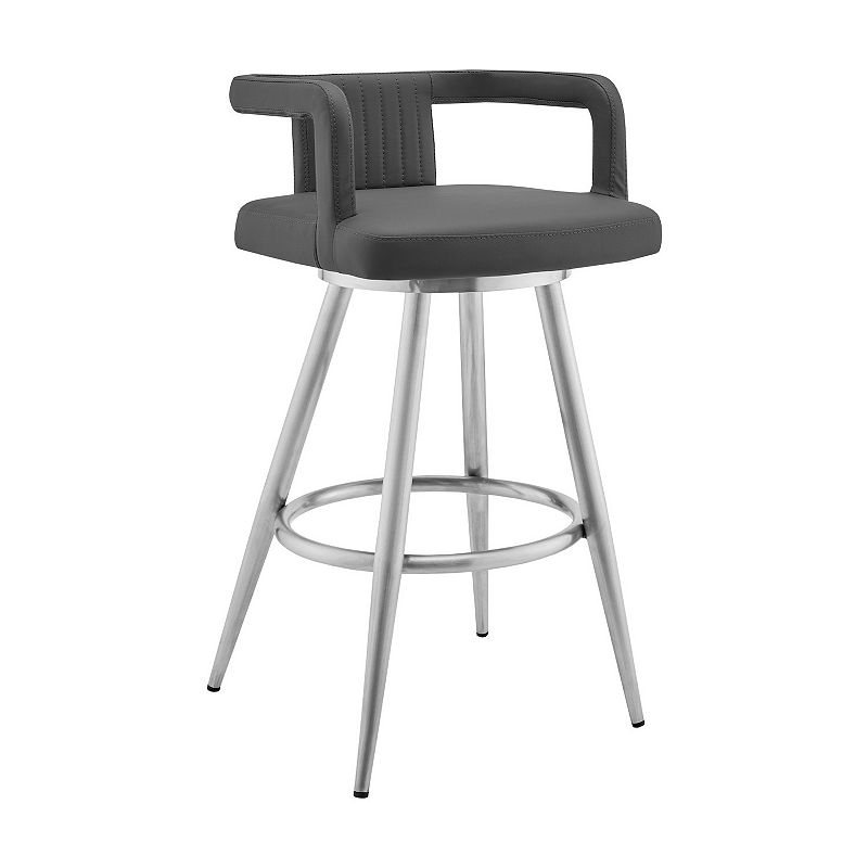 Gabriele 30 Gray Faux Leather and Brushed Stainless Steel Swivel Bar Stool