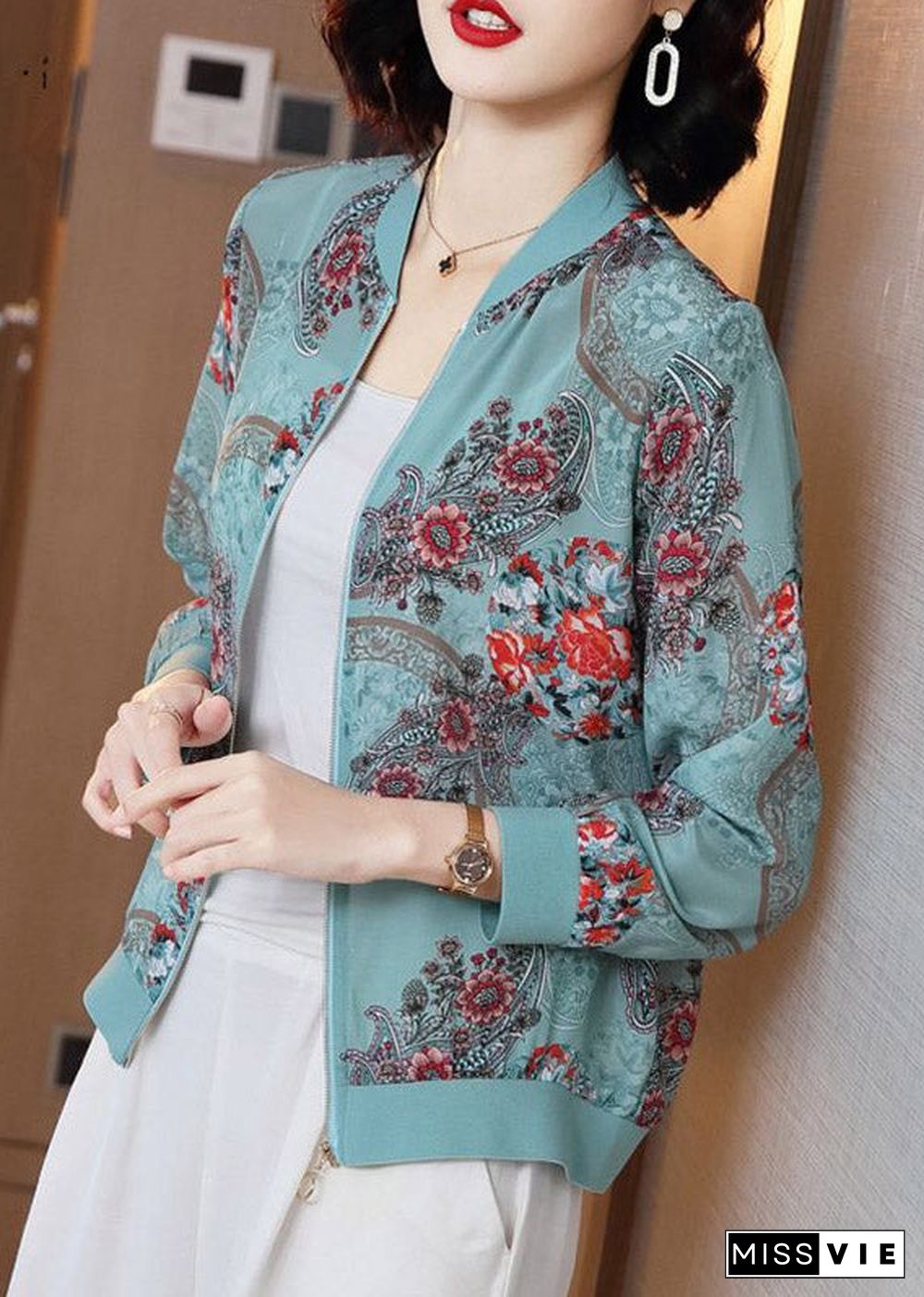 Elegant Blue Print Zippere Chiffon Sunscreen Sunscreen Coat Long Sleeve