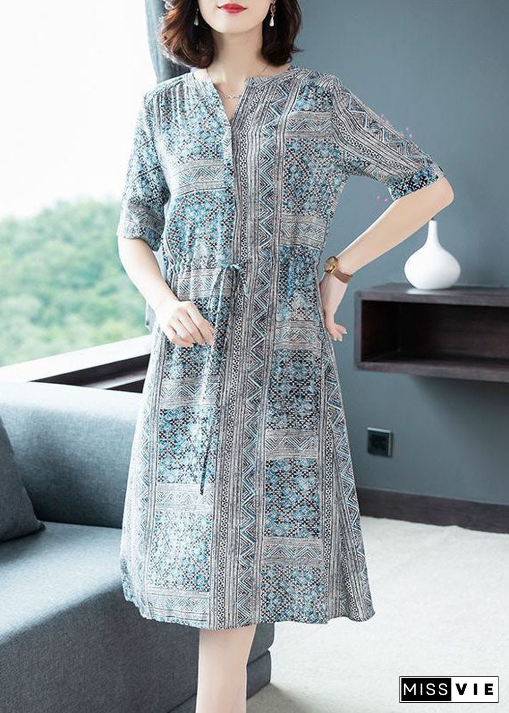 Art Blue Cinched Print Silk Shirt Dresses Summer