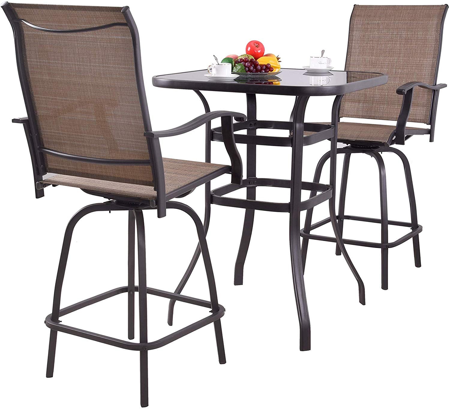 UBesGoo Outdoor 3 Piece Bar Set，Brown Iron Frame Swivel Bar Chairs and Table