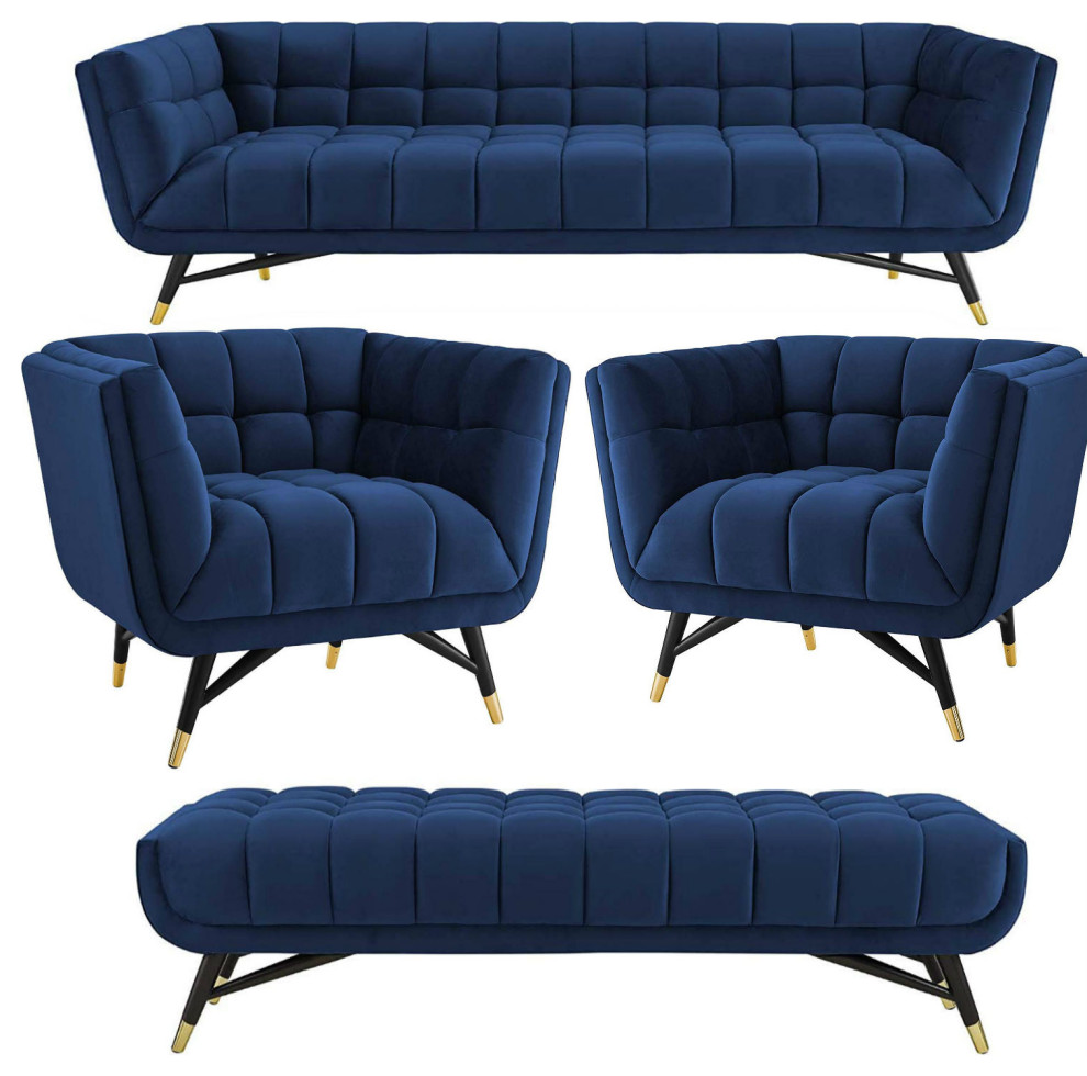 Velvet Fabric Tufted Sofa  Accent Bench  2 Lounge Chairs  Midnight Blue   Midcentury   Living Room Furniture Sets   by VirVentures  Houzz