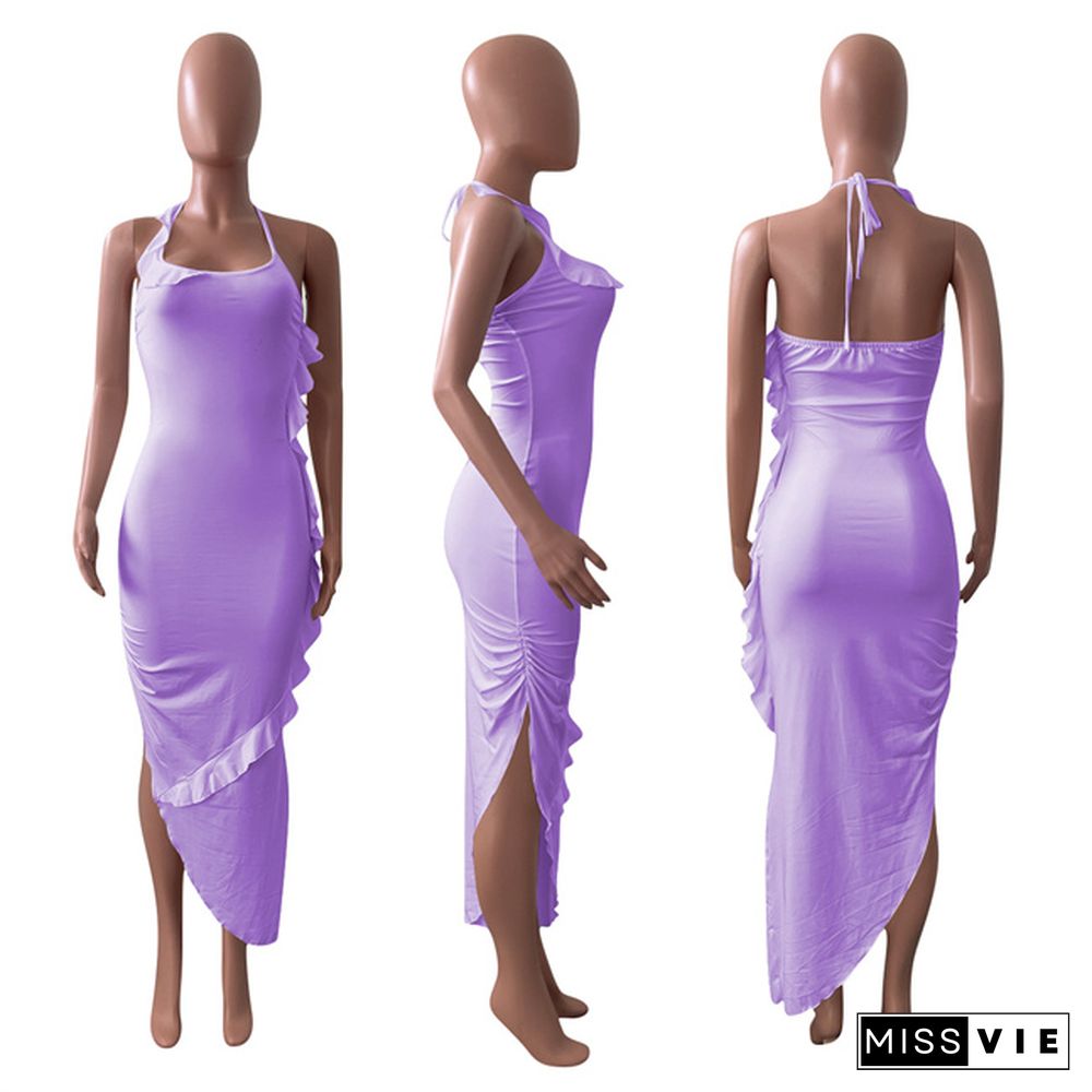 Elegant Solid Color Ruffles Women Summer Sexy Asymmetric Night Club Halter Bodycon Maxi Dress